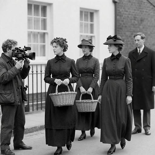Vintage Street Scene with Victorian Women and Film Crew