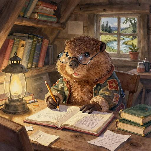 Whimsical Beaver Studying by Lamplight