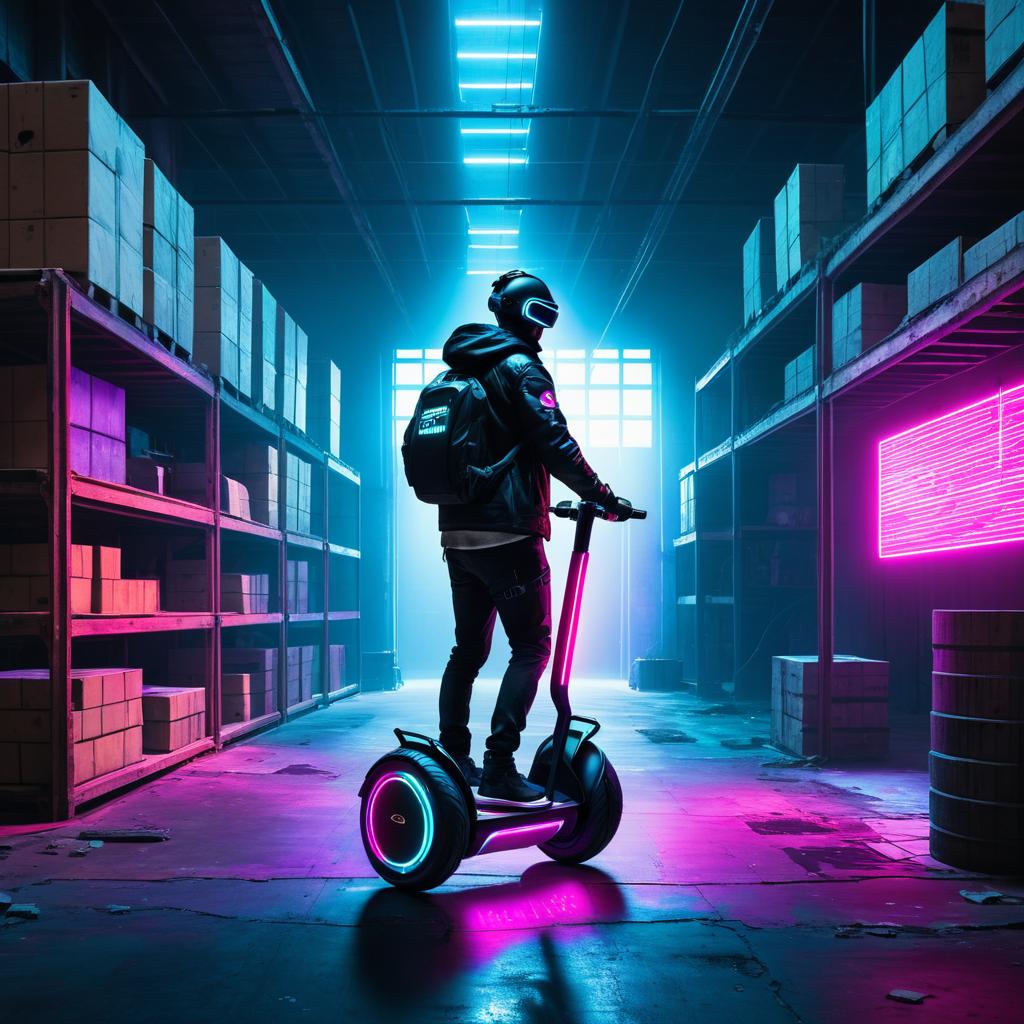 Cyberpunk Hacker in Neon Warehouse