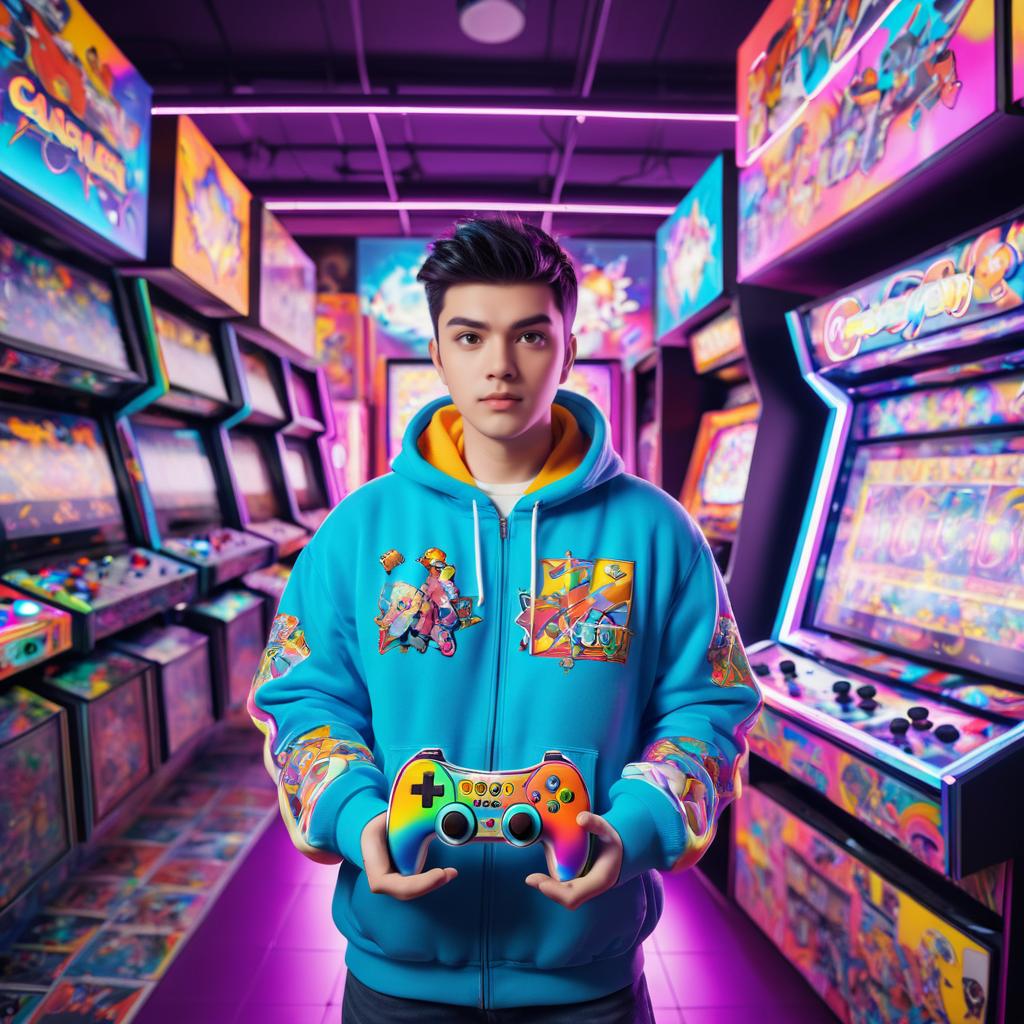 Vibrant Arcade Gamer in Colorful Hoodie