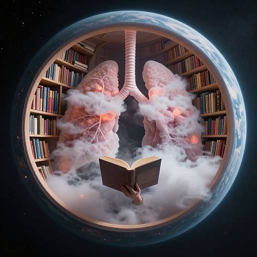Fantasy CGI: Two ethereal, cloud-like figures with white wings and pinkish skin reading a book in a circular library orbiting Earth, surrounded