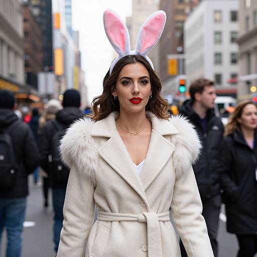 Photograph of a woman with fair skin, red lipstick, and brown wavy hair, wearing a white coat with fur trim, and pink and white