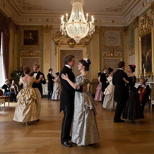 Photograph of a formal ballroom dance with elegantly dressed couples in 18th-century-style attire, under a grand chandelier, surrounded by orn