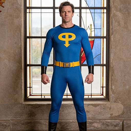 Photograph of a muscular man in a blue superhero suit with a yellow 