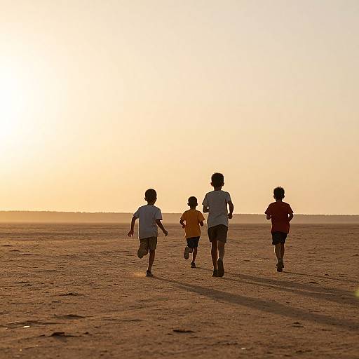 Photograph of four children's silhouettes running on a sandy, sunlit beach at sunset, casting long shadows, with a glowing orange sky in