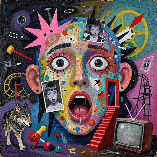 Vibrant, surreal digital painting of a shocked face with colorful abstract elements, photos, a wolf, TV, stairs, and clock.