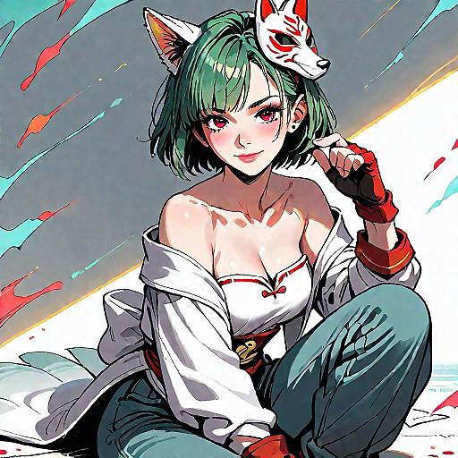 Anime Girl with Fox Mask and Green Hair