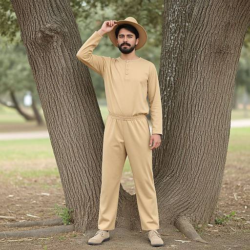 Photograph of a bearded man in beige traditional attire and wide-brimmed hat, standing confidently against two large trees in a park.