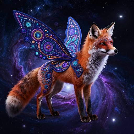 Digital artwork of a red fox with vibrant, iridescent butterfly wings adorned with circular patterns, standing in a cosmic, starry background.