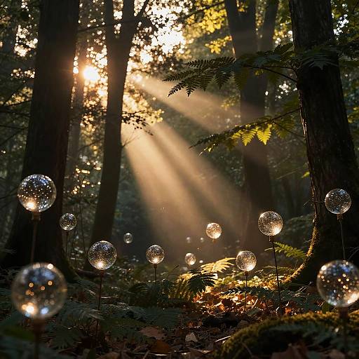 Dreamy Forest with Floating Glass Orbs