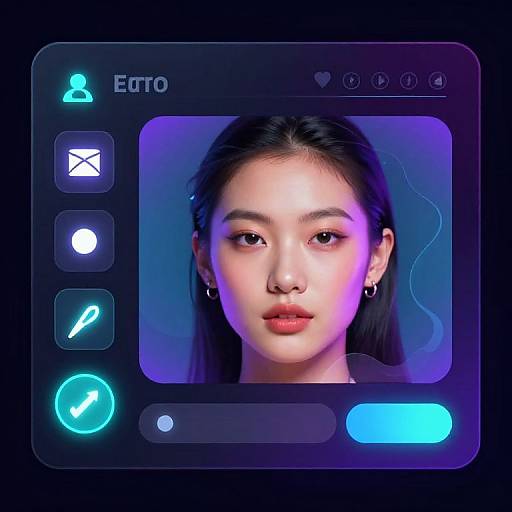 Digital CGI image of an Asian woman with long black hair, glowing purple-blue lighting, centered in a futuristic video interface with neon icons and buttons.