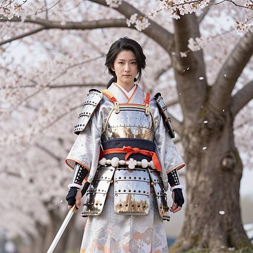 Photograph of a Japanese woman with black hair in traditional samurai armor, standing under cherry blossom trees with petals falling.