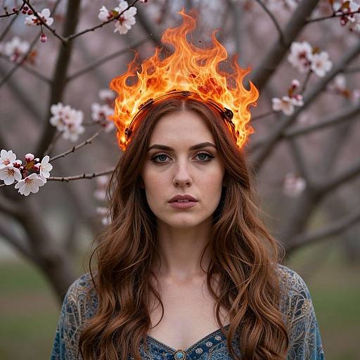 Fiery Crowned Woman Among Blossoms