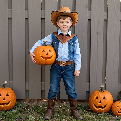 Photograph of a young boy in cowboy attire holding a carved pumpkin, standing in front of a gray wooden fence with three carved pumpkins on the grass