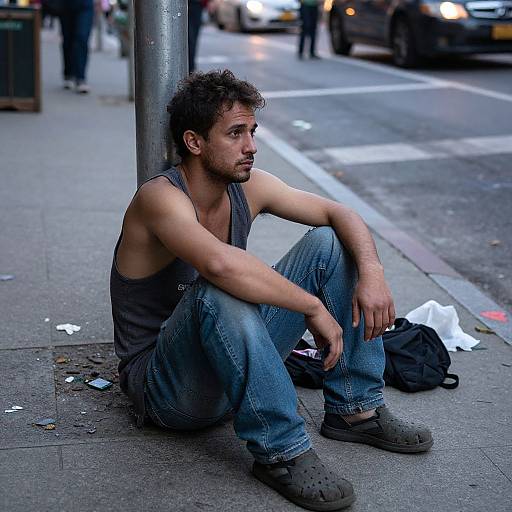 Photograph of a curly-haired, bearded man in a gray tank top and blue jeans, sitting on a city sidewalk, next to a pole,