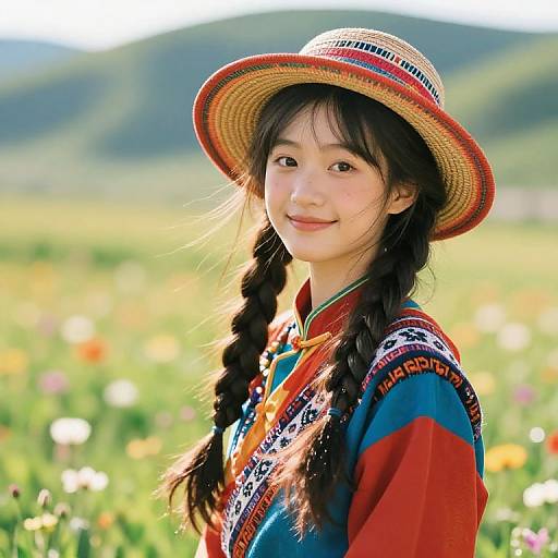 Asian Girl in Vibrant Meadow Attire