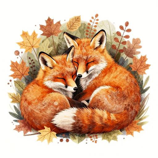 Cozy Sleepy Foxes Under Autumn Leaves