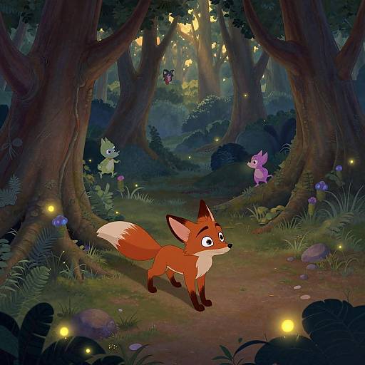 Whimsical forest scene: Curious red fox stands on a dirt path, surrounded by glowing fireflies, colorful butterflies, and enchanted trees. Digital