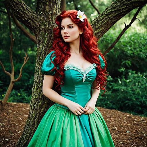 Woman in Ariel-inspired Green Dress with Red Hair Outdoors
