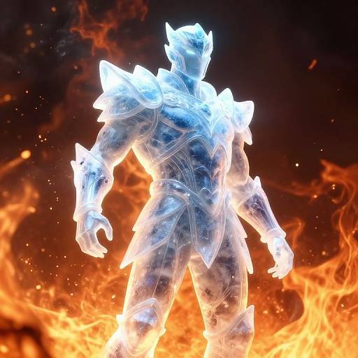 Photorealistic CGI of a glowing, ethereal, armored warrior standing amidst intense orange flames, with bright, white luminescent highlights.