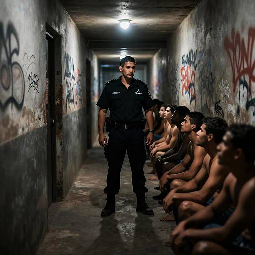 Dimly Lit Corridor with Security Guard