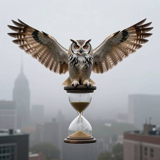 Photograph of a detailed, realistic owl with spread wings perched on an hourglass, set against a foggy city skyline.