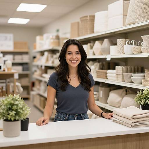 Photograph of a smiling woman with long black hair, wearing a navy V-neck shirt and jeans, standing behind a store counter with wicker baskets and