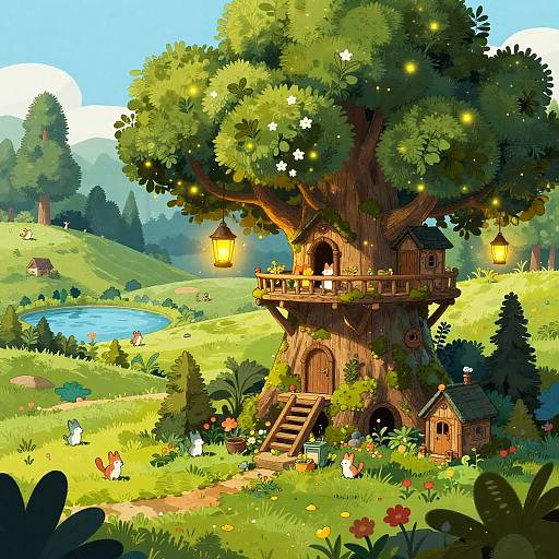 Whimsical digital illustration of a treehouse nestled in a vibrant, sunlit meadow with glowing lanterns, colorful flowers, and fairy-like creatures