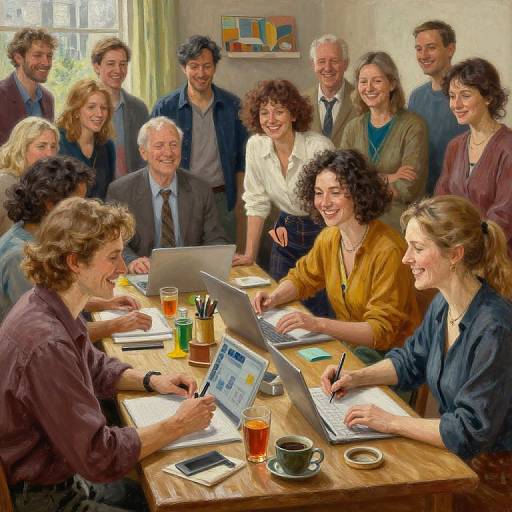Photograph of diverse, smiling colleagues in casual attire, gathered around a wooden table, engaged in a collaborative meeting with laptops and drinks. Bright, sun