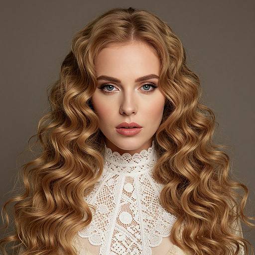 Photograph of a fair-skinned woman with long, wavy, light brown hair, wearing a white lace high-neck top, against a gray background