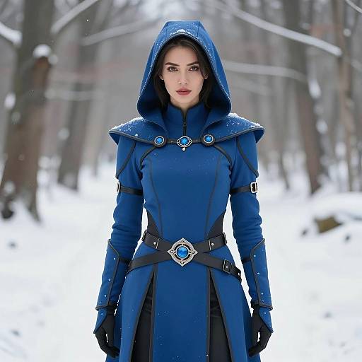 Woman in Blue Fantasy Hooded Costume in Snowy Forest