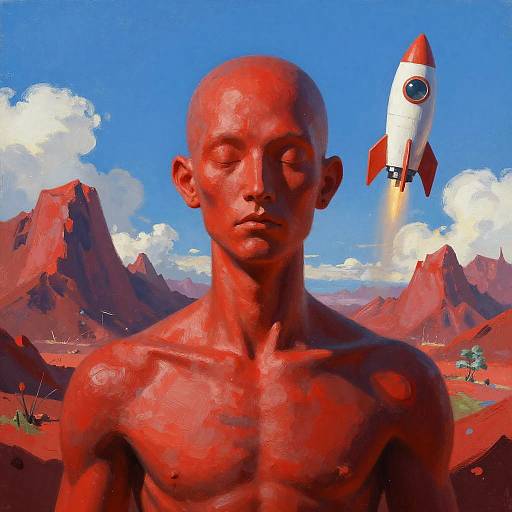 Surreal Red-Skinned Humanoid with Rocket