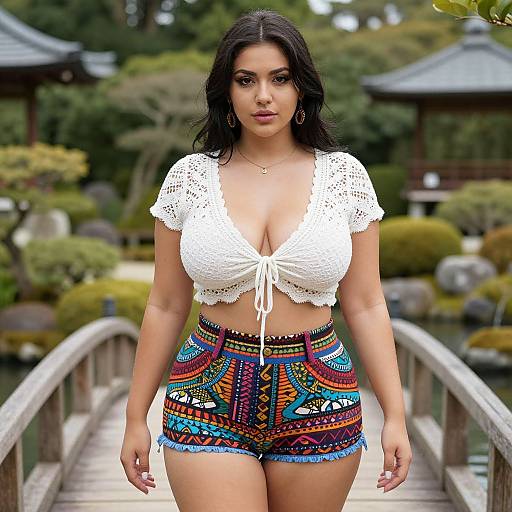 Photograph of a curvy woman with long black hair, wearing a white crocheted crop top and colorful, patterned high-waisted shorts