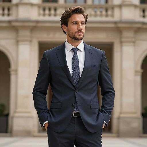 Photograph of a handsome man with brown hair and beard, wearing a dark blue suit, white shirt, and black tie, standing confidently in front of
