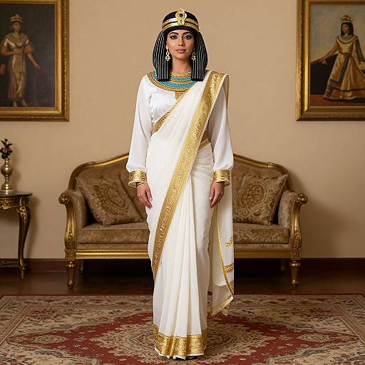 Photograph of a woman in an Egyptian-style white dress with gold trim, black striped headdress, and turquoise necklace, standing in an elegant room with