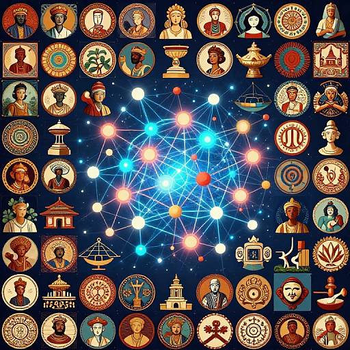 Digital collage of colorful religious and cultural icons, including deities, saints, and symbols, arranged in a star-like pattern against a dark blue starry