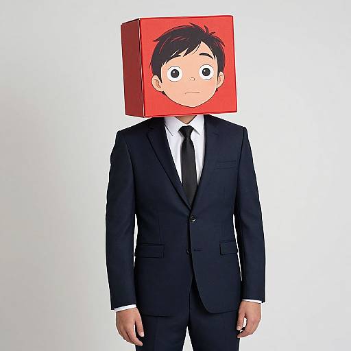 Digital artwork of a young man with a red, cartoon-style head on a black suit and tie, white shirt, against a white background.