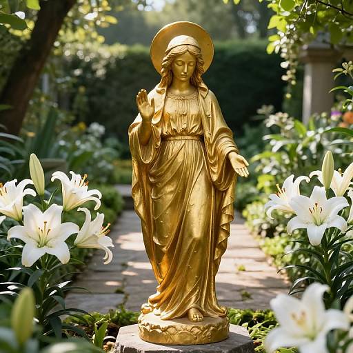 Golden Statue of Virgin Mary in Garden