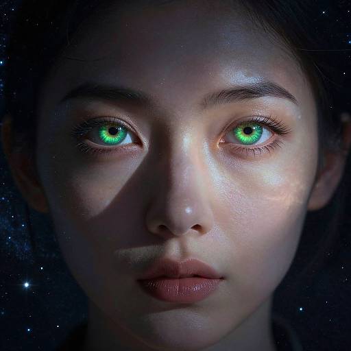 Photorealistic digital portrait of a young woman with glowing green eyes, smooth porcelain skin, and subtle space-like background.