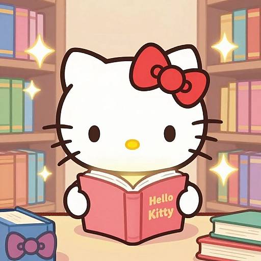 Cartoon Hello Kitty with red bow reading 