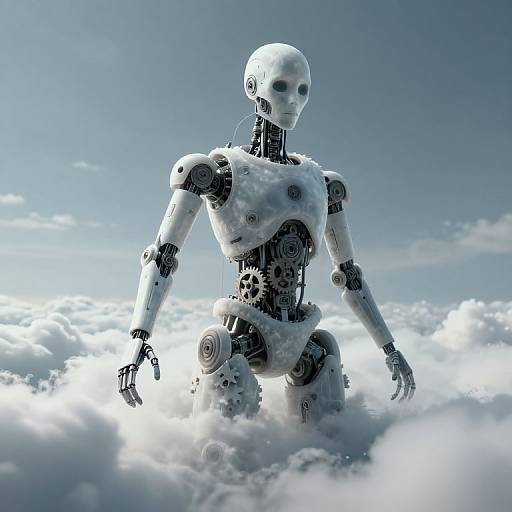 Photorealistic CGI of a white, humanoid robot with intricate black mechanical parts, kneeling among fluffy, white clouds under a bright blue sky.