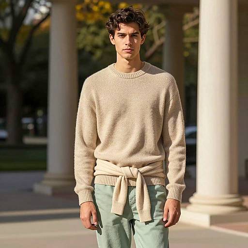Young Man in Beige Sweater Outdoors