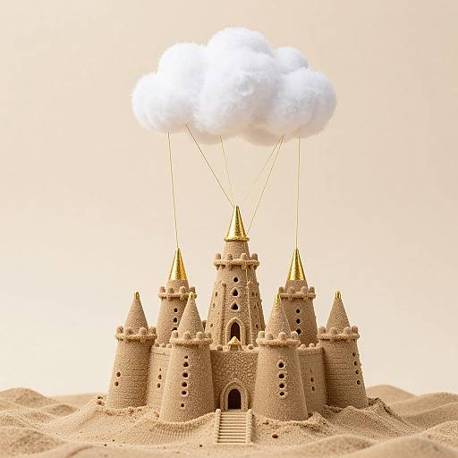 Photograph of a sandcastle with four golden-tipped towers, a central dome, and a fluffy white cloud hovering above it.
