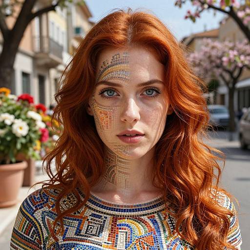 Photograph of a fair-skinned redheaded woman with intricate mosaic-style makeup, wearing a colorful geometric-patterned top, standing in a sunny, flower