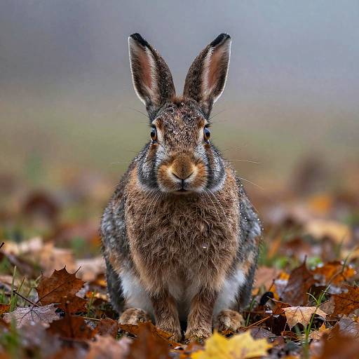 Photograph of a brown and black striped rabbit with upright ears, sitting on a forest floor covered in autumn leaves.