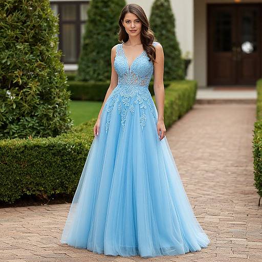 Photograph of a beautiful woman with long dark hair, wearing a light blue, lace-embellished, V-neck, floor-length gown, standing