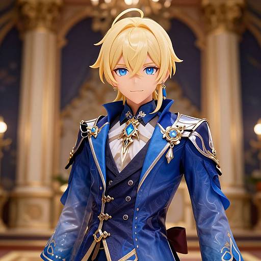 Digital anime-style portrait of a blonde, blue-eyed male character in an ornate, blue and gold fantasy uniform, standing in a grand, illuminated hall