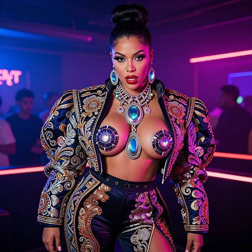 Photograph of a confident, dark-skinned woman with a high bun, wearing an elaborate, ornate, gold-embroidered jacket and black