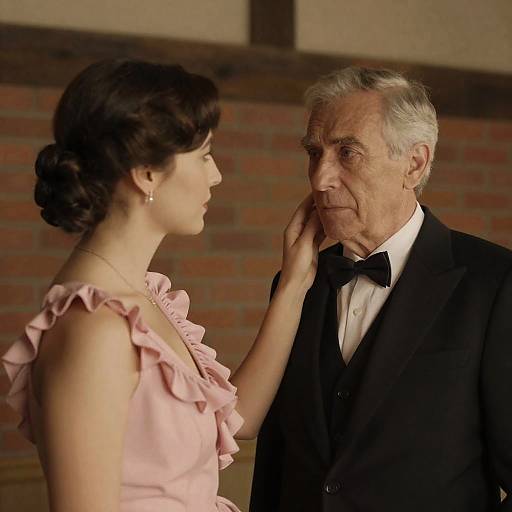 Photograph of an elderly man in a black tuxedo with a black bow tie, being gently touched on the cheek by a young woman in a