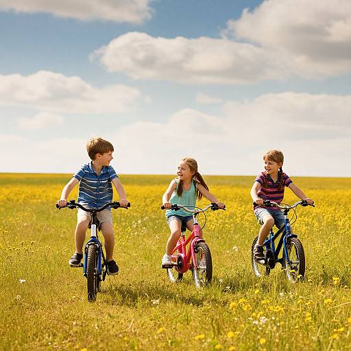 Children Biking Through Wildflower Field